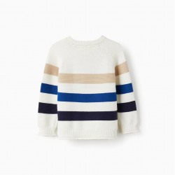COTTON KNIT SWEATER FOR BABY BOY, WHITE/BEIGE/BLUE