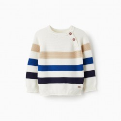 COTTON KNIT SWEATER FOR BABY BOY, WHITE/BEIGE/BLUE