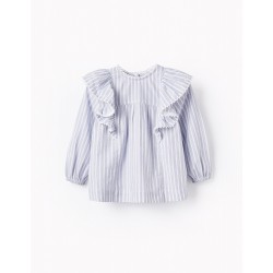 STRIPED COTTON BLOUSE FOR BABY GIRL, WHITE