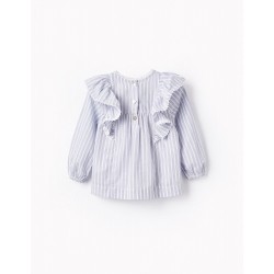 STRIPED COTTON BLOUSE FOR BABY GIRL, WHITE