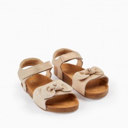 LEATHER SANDALS WITH GLITTER AND BOW FOR GIRL, LIGHT BEIGE