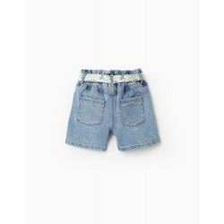 GIRL'S DENIM SHORTS WITH FLORAL RIBBON, BLUE