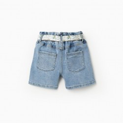 GIRL'S DENIM SHORTS WITH FLORAL RIBBON, BLUE