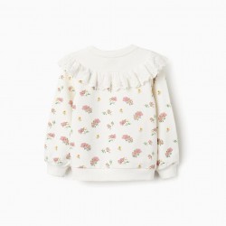 FLORAL COTTON SWEATSHIRT WITH RUFFLES FOR GIRLS, WHITE