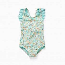 UPF80 FLORAL SWIMSUIT FOR BABY GIRL, AQUA GREEN