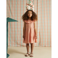 COTTON DRESS WITH EMBROIDERY AND RUFFLES FOR GIRL, CORAL