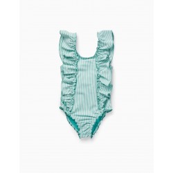 STRIPED SWIMSUIT WITH RUFFLES FOR GIRLS, GREEN/WHITE