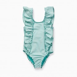 STRIPED SWIMSUIT WITH RUFFLES FOR GIRLS, GREEN/WHITE