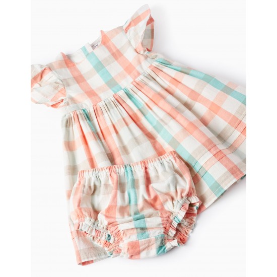 BABY GIRL CHECKED DRESS + DIAPER COVER 'B&S', CORAL/AQUA GREEN