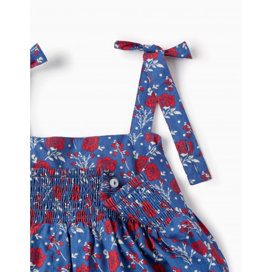 FLORAL COTTON TANK JUMPSUIT FOR GIRL, BLUE/RED