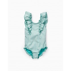 STRIPED AND RUFFLED SWIMSUIT FOR BABY GIRLS, GREEN/WHITE