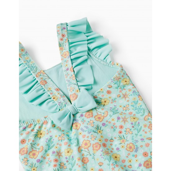 UPF80 FLORAL SWIMSUIT FOR BABY GIRL, AQUA GREEN