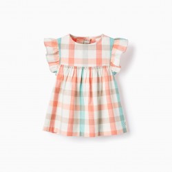 COTTON CHECKED BLOUSE FOR BABY GIRL 'B&S', CORAL/AQUA GREEN
