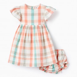 BABY GIRL CHECKED DRESS + DIAPER COVER 'B&S', CORAL/AQUA GREEN