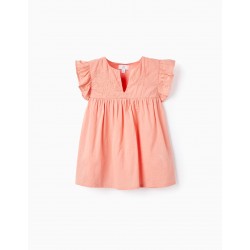 COTTON TUNIC WITH EMBROIDERY AND RUFFLES FOR GIRL, CORAL
