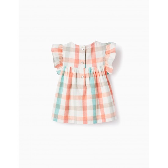 COTTON CHECKED BLOUSE FOR BABY GIRL 'B&S', CORAL/AQUA GREEN