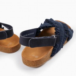 SANDALS WITH RUFFLES AND FLORAL EMBROIDERY FOR GIRLS, DARK BLUE