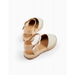 LEATHER AND JUTE SANDALS FOR GIRLS, LIGHT BEIGE