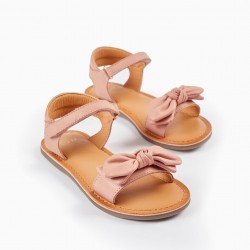 LEATHER SANDALS WITH BOW FOR GIRLS, LIGHT PINK