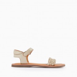 LEATHER SANDALS FOR GIRLS, BEIGE