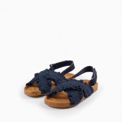 SANDALS WITH RUFFLES AND FLORAL EMBROIDERY FOR GIRLS, DARK BLUE