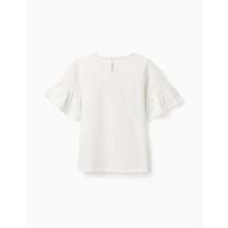 T-SHIRT WITH RUFFLED SLEEVES FOR GIRLS, WHITE