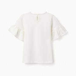 T-SHIRT WITH RUFFLED SLEEVES FOR GIRLS, WHITE