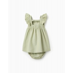 BABY GIRL DRESS + DIAPER COVER IN COTTON AND LINEN 'B&S', GREEN