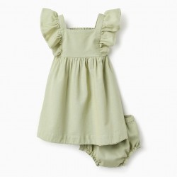 BABY GIRL DRESS + DIAPER COVER IN COTTON AND LINEN 'B&S', GREEN