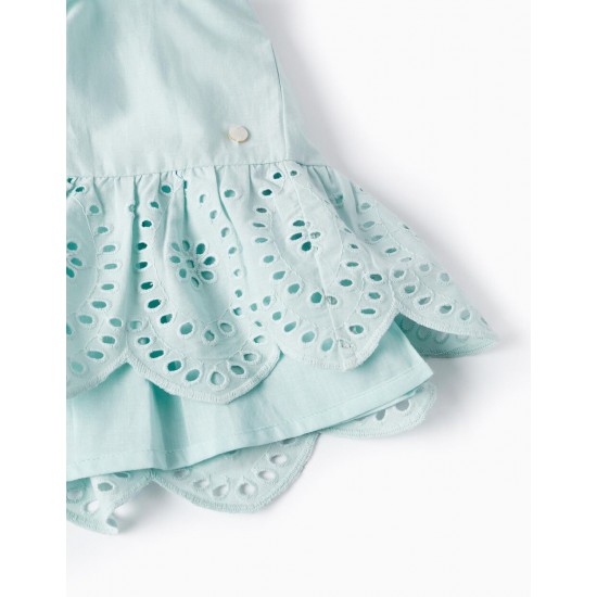 COTTON DRESS WITH ENGLISH EMBROIDERY FOR BABY GIRL, AQUA GREEN
