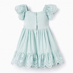 COTTON DRESS WITH ENGLISH EMBROIDERY FOR BABY GIRL, AQUA GREEN