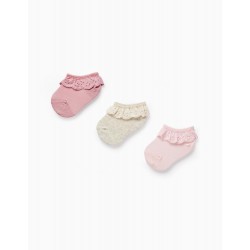 PACK 3 PAIRS OF SOCKS WITH ENGLISH EMBROIDERY FOR BABY GIRLS, PINK/BEIGE