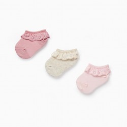 PACK 3 PAIRS OF SOCKS WITH ENGLISH EMBROIDERY FOR BABY GIRLS, PINK/BEIGE