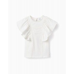 GIRL'S RUFFLED AND LACE T-SHIRT 'B&S', WHITE