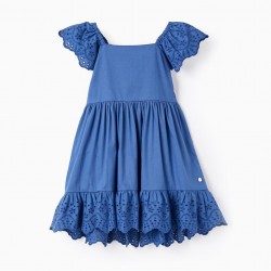 COTTON DRESS WITH ENGLISH EMBROIDERY FOR BABY GIRL, BLUE