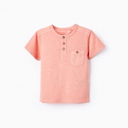 COTTON T-SHIRT WITH POCKET FOR BOYS, CORAL