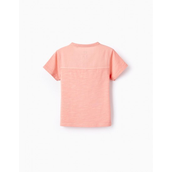 COTTON T-SHIRT WITH POUCH FOR BABY BOY, CORAL
