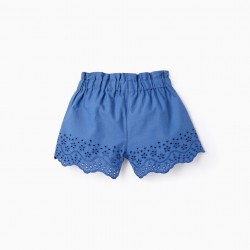 COTTON SHORTS WITH ENGLISH EMBROIDERY FOR BABY GIRL, BLUE