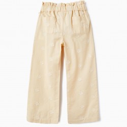 COTTON AND LINEN PANTS WITH EMBROIDERED FLOWERS FOR GIRLS, BEIGE