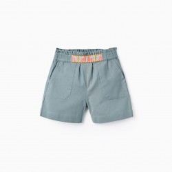 COTTON AND LINEN SHORTS WITH EMBROIDERY AND BEADING FOR GIRLS, GREEN