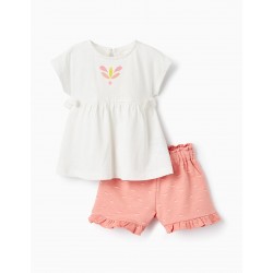 T-SHIRT + SHORTS FOR BABY GIRLS, WHITE/CORAL