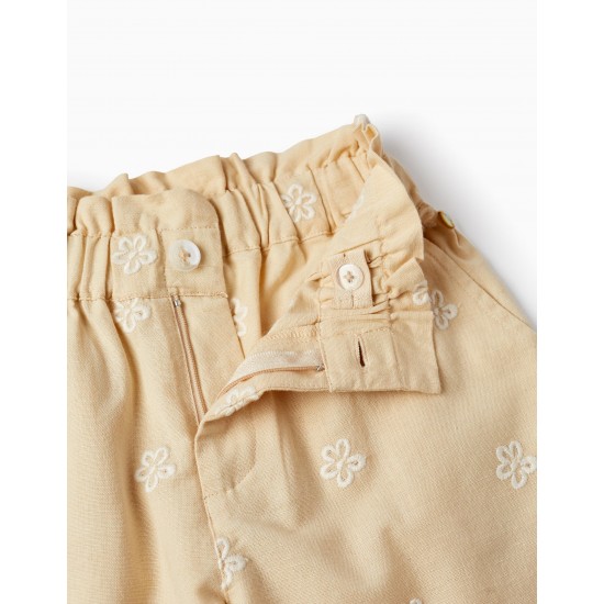 COTTON AND LINEN PANTS WITH EMBROIDERED FLOWERS FOR GIRLS, BEIGE