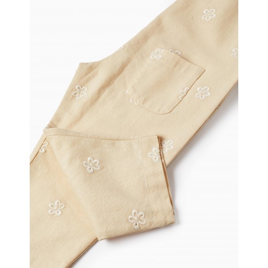 COTTON AND LINEN JUMPSUIT WITH EMBROIDERED FLOWERS FOR BABY GIRL, BEIGE
