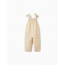 COTTON AND LINEN JUMPSUIT WITH EMBROIDERED FLOWERS FOR BABY GIRL, BEIGE