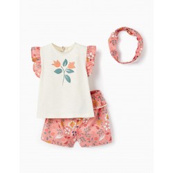 HEADBAND + T-SHIRT + SHORTS FOR BABY GIRL 'FLORAL', BEIGE/PINK