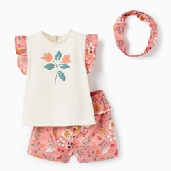 HEADBAND + T-SHIRT + SHORTS FOR BABY GIRL 'FLORAL', BEIGE/PINK