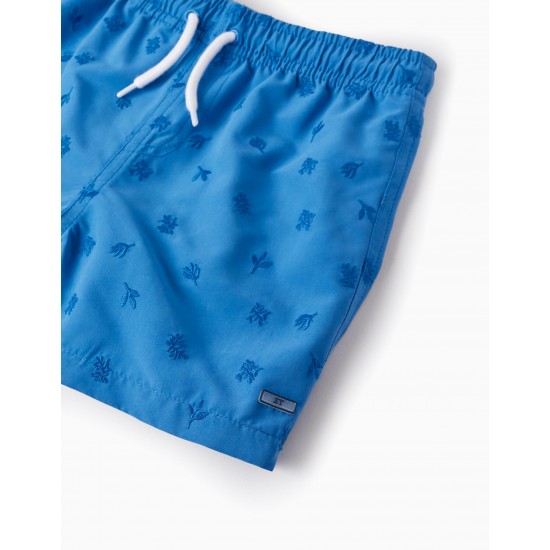 EMBROIDERED PATTERN SWIM SHORTS FOR BOYS, BLUE
