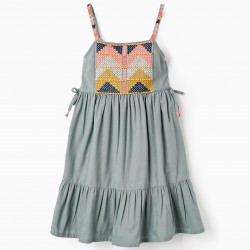 COTTON AND LINEN DRESS WITH EMBROIDERY AND BEADS FOR GIRL, GREEN
