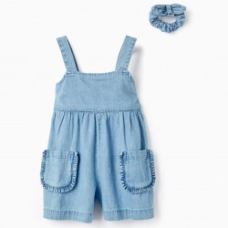 BABY GIRL DENIM + SCRUNCHIE JUMPSUIT, BLUE
