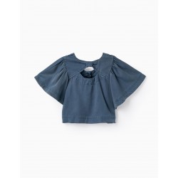 SHORT SLEEVE BLOUSE WITH CROPPED EFFECT FOR GIRLS, DARK BLUE